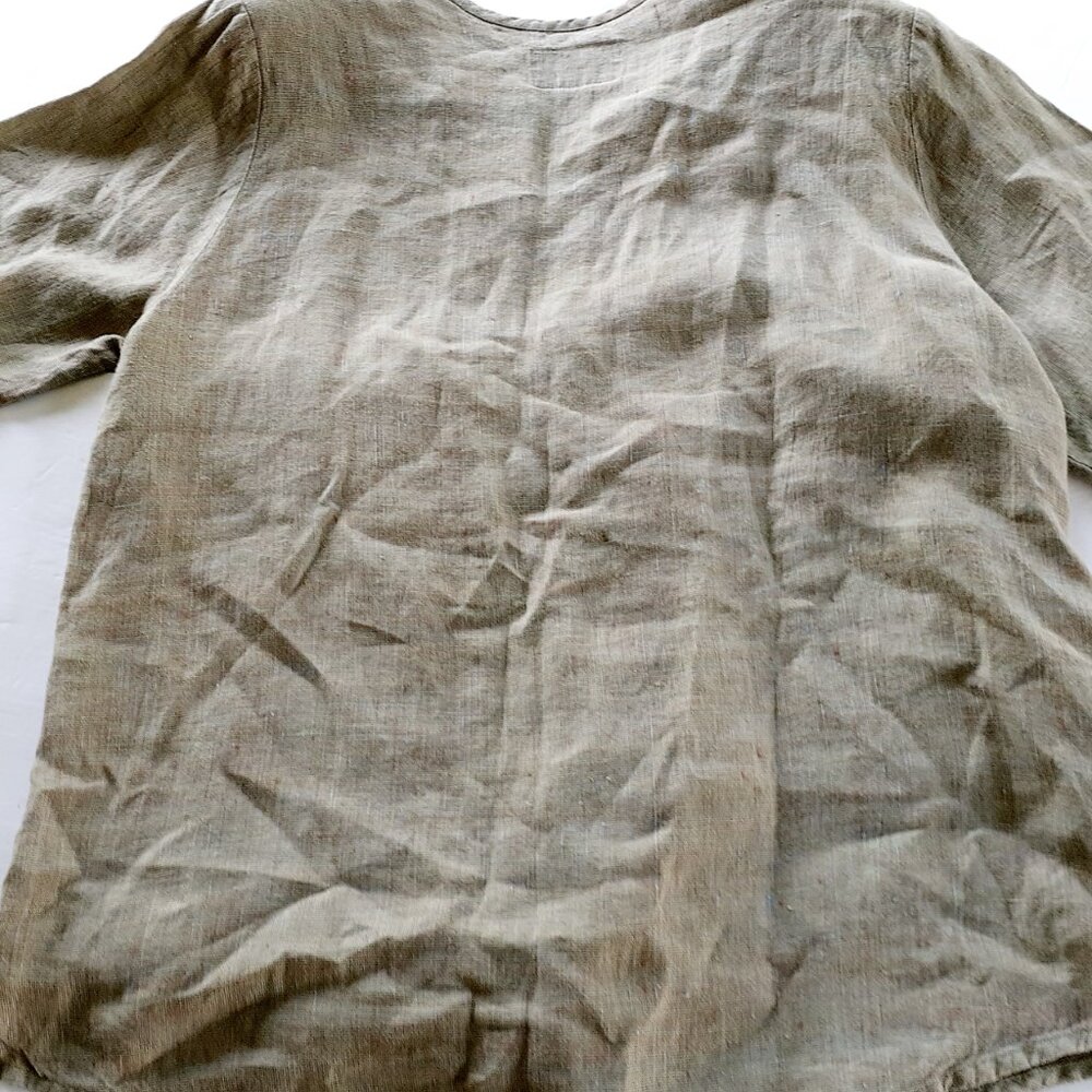FLAX Womens Linen Shirt Green Tan Lagenlook Small - Picture 10 of 13